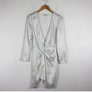 Meshki Adara White Satin Knot Draped Long Sleeve Mini Dress Small